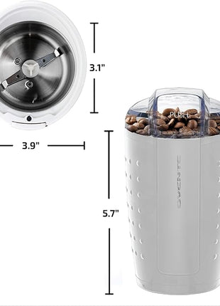 OVENTE Electric Coffee Grinder for Beans, Spices and More, 2.5Oz Compact Grinding Mill, Spice Grinder with Stainless Steel Blade, Pulse Button Operation and Transparent Easy to Open Lid, White CG225W