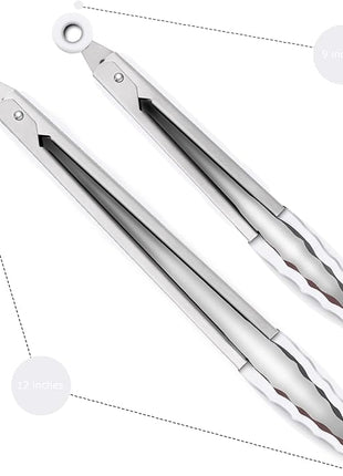 Premium Silicone Set of 2 Cooking Tongs, 9-Inch & 12-Inch BPA Free Non-Stick Stainless Steel BBQ Grilling Locking Food Tong, Light Grey