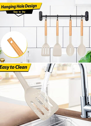 Pack of 4 Silicone Cooking Utensils Set, Non Stick Solid Spatulas and Heat Resistant Slotted Spoons with Wooden Handle, Ideal Wood Kitchen Utensils Set for Frying,Serving,Turning,Stirring (KHAKI)