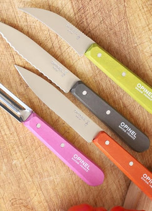 Opinel Les Essentials Small Kitchen 4 Piece Knife Set - Paring Knife, Serrated Knife, Peeler, Vegetable Knife, Corrosion Resistant High Carbon Steel, Made in France (Art Deco)