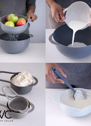 COOK WITH COLOR Nesting Bowls with Measuring Cups Colander and Sifter Set - Includes Mixing Bowls, Colander, Sifter and Measuring Cups, Gray, 8 Pc Bowl