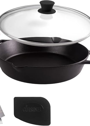 Cast Iron Skillet with Glass Lid - 12"-Inch Dual Handle Frying Pan + Pan Scraper + Silicone Handle Holder Covers - Preseasoned Oven Safe Cookware - Indoor/Outdoor Use - Grill, Stovetop, Induction Safe