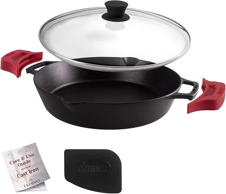 Cast Iron Skillet with Glass Lid - 12"-Inch Dual Handle Frying Pan + Pan Scraper + Silicone Handle Holder Covers - Preseasoned Oven Safe Cookware - Indoor/Outdoor Use - Grill, Stovetop, Induction Safe