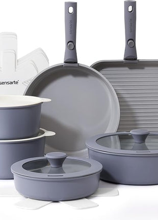 SENSARTE 17 Piece Ceramic Pots and Pans Set, Nonstick Detachable Handle Cookware, Induction Kitchen Cookware Set with Removable Handle, Dishwasher ＆ Oven Safe (Gray)
