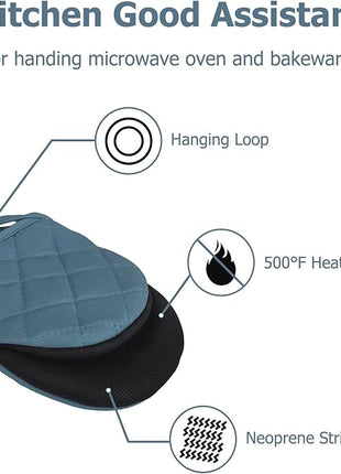 1 Pair Short Oven Mitts, Heat Resistant Silicone Kitchen Mini Oven Mitts for 500 Degrees, Non-Slip Grip Surfaces and Hanging Loop Gloves, Baking Grilling Barbecue Microwave Machine Washable