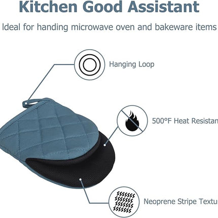 1 Pair Short Oven Mitts, Heat Resistant Silicone Kitchen Mini Oven Mitts for 500 Degrees, Non-Slip Grip Surfaces and Hanging Loop Gloves, Baking Grilling Barbecue Microwave Machine Washable