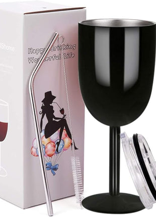 AMZUShome Stainless Steel Wine Glasses Cups.Double Walled Vacuum Insulated Wine Tumbler With Lid and Straw.Friendship,Christmas,Birthday Gifts for Women Men Friends Dad Mom(10oz Black)