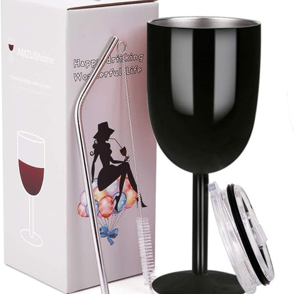 AMZUShome Stainless Steel Wine Glasses Cups.Double Walled Vacuum Insulated Wine Tumbler With Lid and Straw.Friendship,Christmas,Birthday Gifts for Women Men Friends Dad Mom(10oz Black)