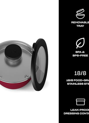 S'well Stainless Steel Salad Bowl Kit 64oz, Wild Cherry, Comes with 2oz Mini Canister and Removable Tray for Organization, Leakproof, Easy to Clean, Dishwasher Safe