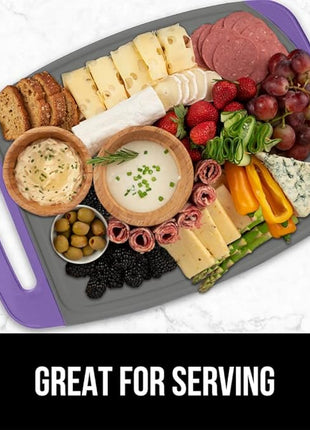 GORILLA GRIP BPA-Free Reversible Kitchen Cutting Board Set of 3, US Designed, Nonporous, Juice Grooves Catch Liquid, Slip Resistant Border, Dishwasher Safe, Durable Food Chopping Boards, Purple Gray