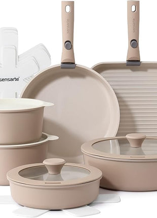 SENSARTE 17 Piece Ceramic Pots and Pans Set, Nonstick Detachable Handle Cookware, Induction Kitchen Cookware Set with Removable Handle, Dishwasher ＆ Oven Safe (Almond Beige)