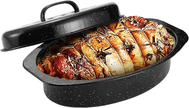 JY COOKMENT Granite Roaster Pan, Small 13” Enameled Roasting Pan with Domed Lid. Oval Turkey Roaster Pot, Broiler Pan Great for Small Chicken, Lamb. Dishwasher Safe Cookware Fit for 7Lb Bird