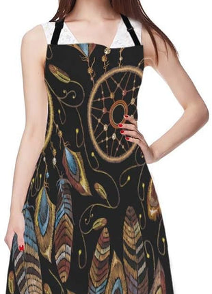 EKOBLA Dream Catcher Aprons American Indian Ethnic Style Magic Tribal Feathers Waterproof Resistant Chef Cooking Kitchen BBQ Adjustable Aprons for Women Men 27x31 Inch
