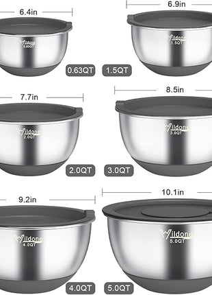 Wildone Mixing Bowls with Airtight Lids, 22 PCS Stainless Steel Mixing Bowls Set, 3 Grater Attachments, Measurement Marks & Non-Slip Bottom, Size 5, 4, 3, 2,1.5, 0.63QT, Ideal for Mixing & Prepping