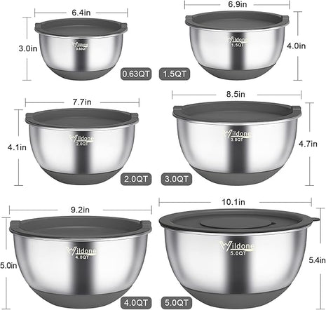 Wildone Mixing Bowls with Airtight Lids, 22 PCS Stainless Steel Mixing Bowls Set, 3 Grater Attachments, Measurement Marks & Non-Slip Bottom, Size 5, 4, 3, 2,1.5, 0.63QT, Ideal for Mixing & Prepping