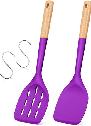 Pack of 2 Silicone Spatula, Non Stick Cooking Utensil Set, Wooden Handle Kitchen Turner for Baking Mixing Grilling Serving Food Heat Resistant (BERRY)