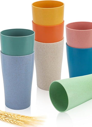 Wheat Straw Cup Set of 8, Reusable Plastic Drinking Cups for Kitchen, Camping, Unbreakable Drinking Glasses Set, BPA Free Water Tumblers for Milk, Coffee, Juice, Dishwasher & Microwave Safe, 12oz