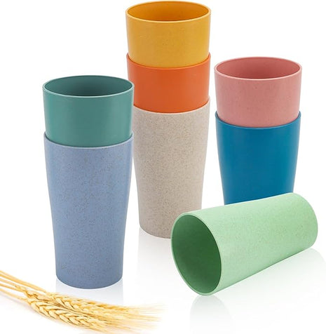 Wheat Straw Cup Set of 8, Reusable Plastic Drinking Cups for Kitchen, Camping, Unbreakable Drinking Glasses Set, BPA Free Water Tumblers for Milk, Coffee, Juice, Dishwasher & Microwave Safe, 12oz