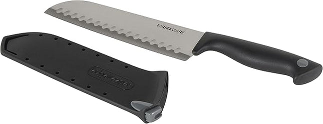Farberware Edgekeeper 7-Inch Santoku Knife with Self-Sharpening Blade Cover, High Carbon-Stainless Steel Kitchen Knife with Ergonomic Handle, Razor-Sharp Knife, Black