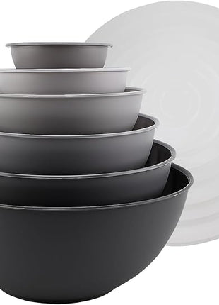 COOK WITH COLOR Plastic Nesting Mixing Bowls Set - 12 Piece includes 6 Prep Bowls and 6 Lids, Microwave Safe (Gray Ombre)