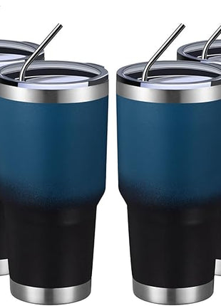 MEWAY 30oz Insulated Tumbler With Lids and Straws,Stainless Steel Double Vacuum Coffee Tumbler Cup, Brush, Durable Powder Coated Coffee Cup for Cold & Hot Drinks, Office, Travel(Blue Black,4 PACK)