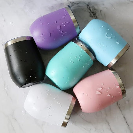 6 Pack 12 oz Stainless Steel Stemless Wine Tumbler with Leakproof Lids, Double Wall Vacuum Insulated Travel Cup Including 6 Straws set,for Coffee, Cocktail, Drink, Tea and Beer (White