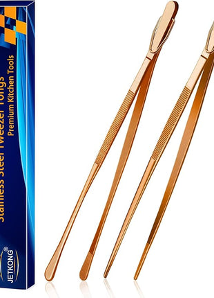 JETKONG 2 Pcs 12-Inch Kitchen Tweezers Cooking Tweezer Tongs Stainless Steel Long Food Tweezers (Rose Gold)