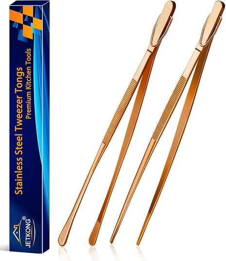 JETKONG 2 Pcs 12-Inch Kitchen Tweezers Cooking Tweezer Tongs Stainless Steel Long Food Tweezers (Rose Gold)