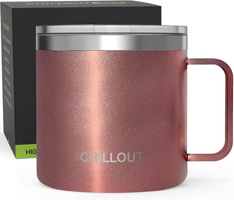 CHILLOUT LIFE Stainless Steel 16 oz - Vacuum Insulated Coffee Mug with Handle and Lid, Large Thermal Camping Coffee Mug Cup with Durable Sliding Lid for Women - Rose Gold