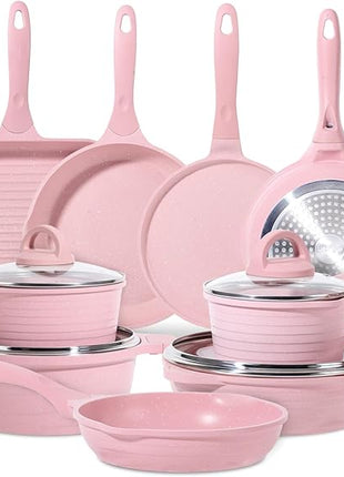 JEETEE Pink Pots and Pans Set Nonstick 23pcs, Healthy Kitchen Cookware Sets, Induction Cooking Set Pink Frying Pans, Saucepans, Sauté & Griddle & Crepe Pan (PFOA Free)
