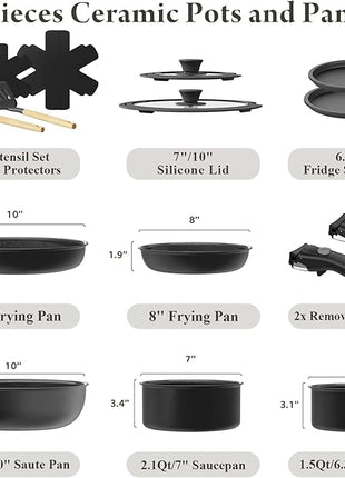 Ceramic Nonstick Cookware Set, Healthy,Non Toxic,17-Pieces Pots and Pans Set Removable Handles,Induction RV Kitchen Set,Stain & Scratch-resistant,Dishwasher/Oven Safe,PFAS/PFOA Free,Black