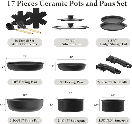 Ceramic Nonstick Cookware Set, Healthy,Non Toxic,17-Pieces Pots and Pans Set Removable Handles,Induction RV Kitchen Set,Stain & Scratch-resistant,Dishwasher/Oven Safe,PFAS/PFOA Free,Black
