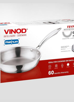 Vinod Platinum Triply Stainless Steel Frypan 24 cm | 2.5 mm Thick | Steel Pan | Scratch Resistant, Non Toxic | | Induction & Gas Friendly, Heavy Bottom