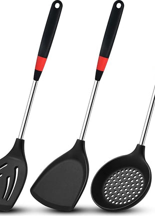 3 Pieces Silicone Stainless Steel Turner Spatula Set Includes Flexible Silicone Wok Spatula Slotted Spatula Skimmer Slotted Spoon for Nonstick Cookware Cooking Baking Supplies
