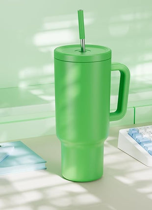 Meoky 40 oz Tumbler with Handle and Straw: Stainless Steel Insulated Tumbler with Lid and Straw - 100% Leak Proof Tumbler for Car Cup Holders - Travelers Commuters Workers, Green