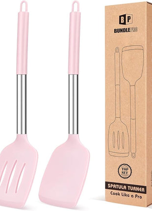 Pack of 2 Silicone Solid Turner, Non Stick Slotted Kitchen Spatulas, High Heat Resistant BPA Free Cooking Utensils, Ideal Cookware for Fish, Eggs, Pancakes(Pink)