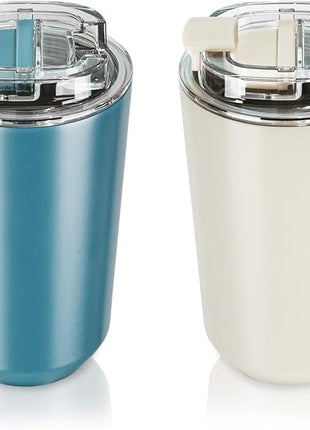 Puraville 2 Pack Insulated Tumblers with Lid, 14 oz Travel Coffee Mug Stainless Steel Vacuum Cup, Leak Proof Double Walled Coffee Tumbler for Iced and Hot Drinks, Peacock Blue and Cream