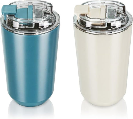Puraville 2 Pack Insulated Tumblers with Lid, 14 oz Travel Coffee Mug Stainless Steel Vacuum Cup, Leak Proof Double Walled Coffee Tumbler for Iced and Hot Drinks, Peacock Blue and Cream