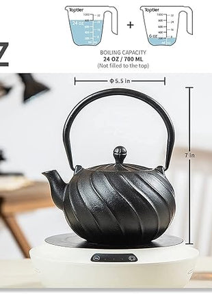 Tea Kettle, TOPTIER Japanese Cast Iron Teapot with Infuser, Cast Iron Tea Kettle Stovetop Safe, Wave Design Teapot Coated with Enameled Interior for 30 Ounce (900 ml), Midnight Black