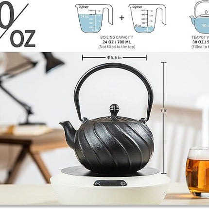 Tea Kettle, TOPTIER Japanese Cast Iron Teapot with Infuser, Cast Iron Tea Kettle Stovetop Safe, Wave Design Teapot Coated with Enameled Interior for 30 Ounce (900 ml), Midnight Black