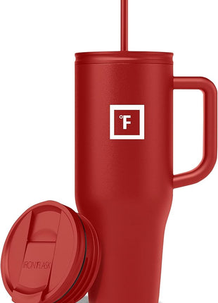 IRON °FLASK Co-Pilot Insulated Mug w/Straw & Flip Cap Lids - Cup Holder Bottle for Hot, Cold Drink - Leak-Proof- Water, Coffee Portable Travel Tumbler - Fire Red, 40 Oz