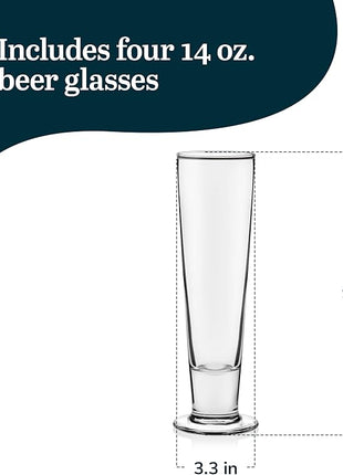 Libbey Stockholm Pilsner Beer Glasses Set of 4, 14.5oz, Tall Pint Glasses for Pilsner, Kolsch, Lager, and More, Unique Beer Gift Set