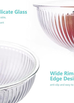 WhiteRhino Glass Mixing Bowls with Lids Set of 3(3.7QT, 2.1QT, 1.1QT),Large Kitchen Salad Bowls, Space-Saving Nesting Bowls, Clear Glass Serving Bowls for Cooking,Baking,Prepping,Dishwasher Safe