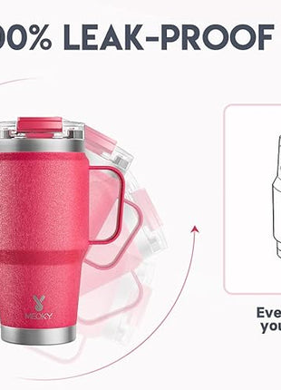 Meoky 24oz Travel Mug, Triple Insulated Stainless Steel Tumbler with Handle and 2-in-1 Straw and Sip Lid, 100% Leak Proof, Keeps Cold for 24 Hours or Hot for 8 Hours, Cupholder Friendly (Ruby)