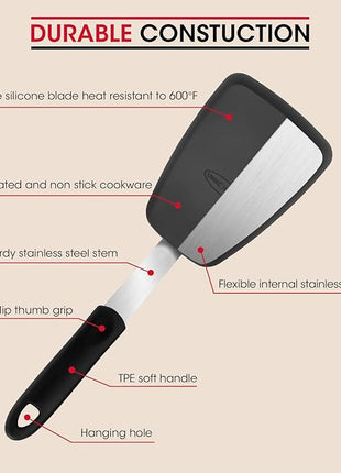 Unicook 2 Pack Flexible Silicone Spatula, Turner, 600F Heat Resistant, Ideal for Flipping Eggs, Burgers, Crepes and More, Black
