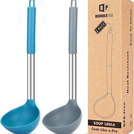 Pack of 2 Ladle Spoon,Silicone Large Spoon for Soup,Non Stick Kitchen Utensils with High Heat Resistant,BPA Free Perfect Kitchen Tools for Cooking, Stirring,Serving Soups (GREY-BLUE)