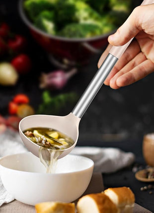 Pack of 2 Ladle Spoon,Silicone Large Spoon for Soup,Non Stick Kitchen Utensils with High Heat Resistant,BPA Free Perfect Kitchen Tools for Cooking, Stirring,Serving Soups (BLACK-KHAKI)