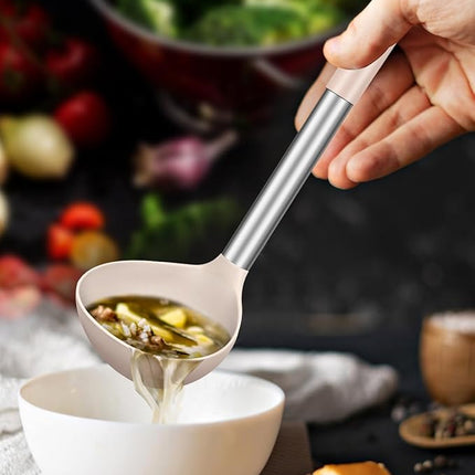 Pack of 2 Ladle Spoon,Silicone Large Spoon for Soup,Non Stick Kitchen Utensils with High Heat Resistant,BPA Free Perfect Kitchen Tools for Cooking, Stirring,Serving Soups (BLACK-KHAKI)