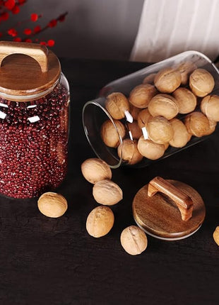 SAIOOL Canister Set of 2, Glass Kitchen Canisters with Airtight Acacia Lid, Tall Clear Airtight Food Storage Jar, Kitchen Pantry Storage Container for Noodles Flour Cereal Coffee