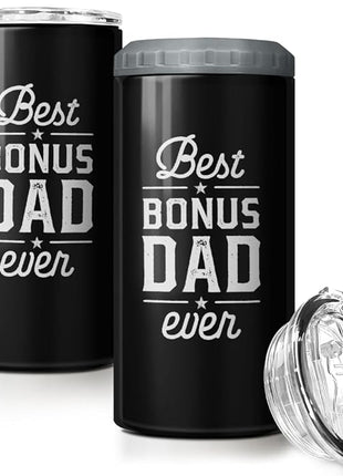 SANDJEST Bonus Dad Tumbler Gifts from Step Daughter Son - 12oz 4 in 1 Design Step Father Tumbler Cup Can Cooler - Best Bonus Dad Ever Insulated Cans Coozie Christmas, Birthday, Father's Day Gift